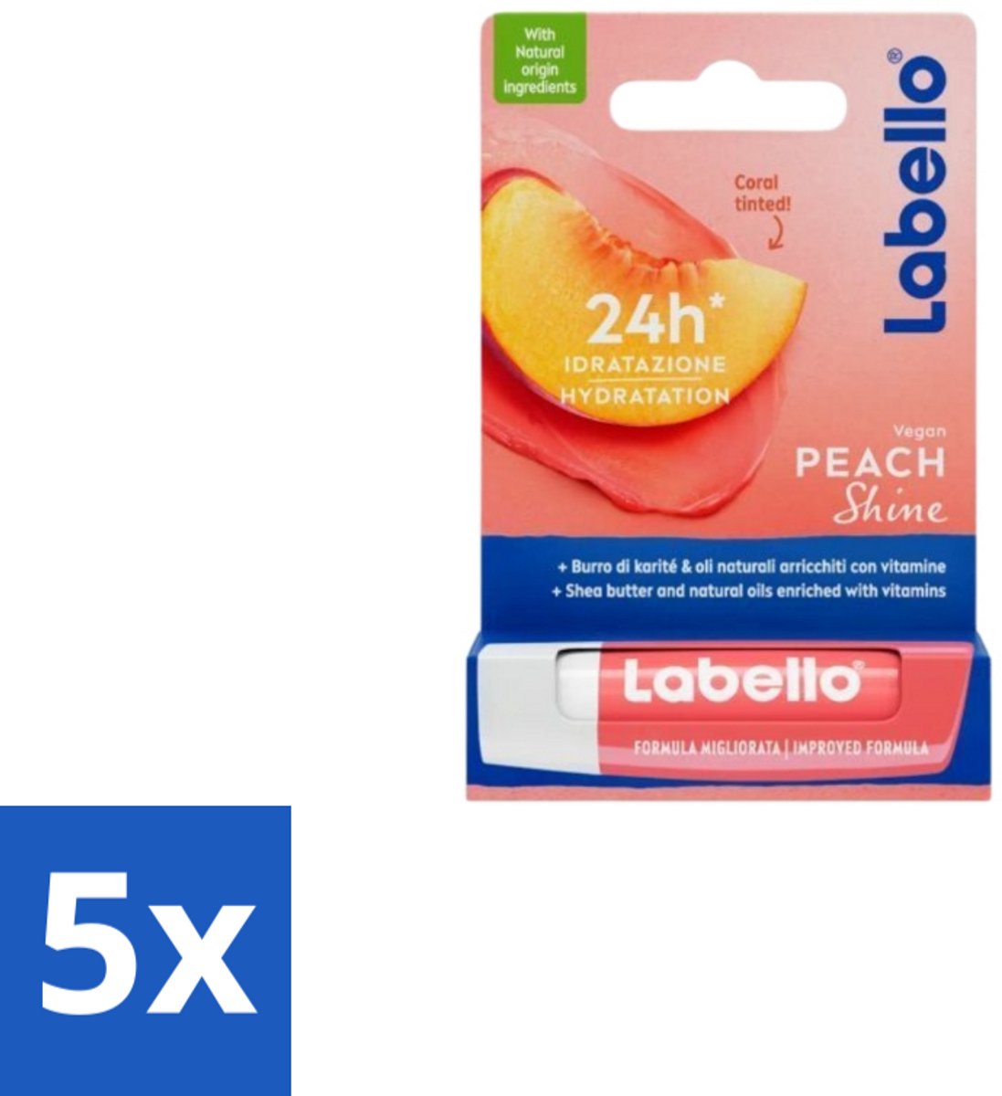 5 x Labello Lippenbalsem Blister Peach Shine 4,8 gr - Vegan Lippenbalsem - Lippenbalsem - Lippenhydratatie - Natuurlijke Lippenbalsem - Fruitige Lippenbalsem