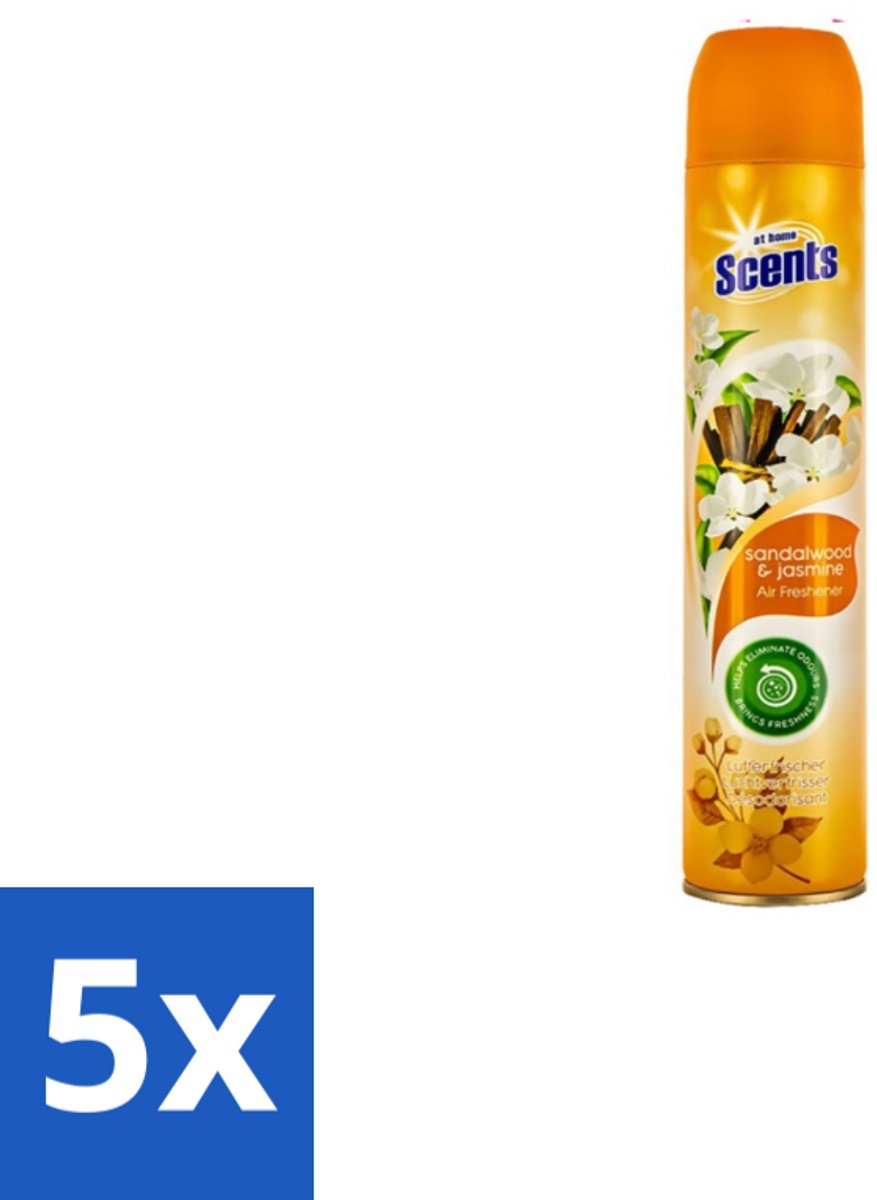 5 x At Home – Luchtverfrisser Spray – Sandalwood – Warm & Houtachtig - 400 ml - Luchtverfrisser - Sandalwood - Jasmijn - Geurneutralisatie - Warme Geur