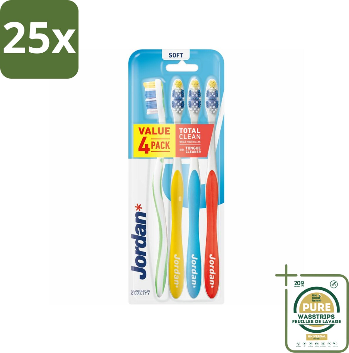 25 x Jordan Tandenborstel Total Clean Soft 4-pack 4 stuks per verpakking - Grootverpakking - Tandenborstel - Mondverzorging - Tandenborstel Set - Tandplak Verwijderen - Tandvlees Verzorgen