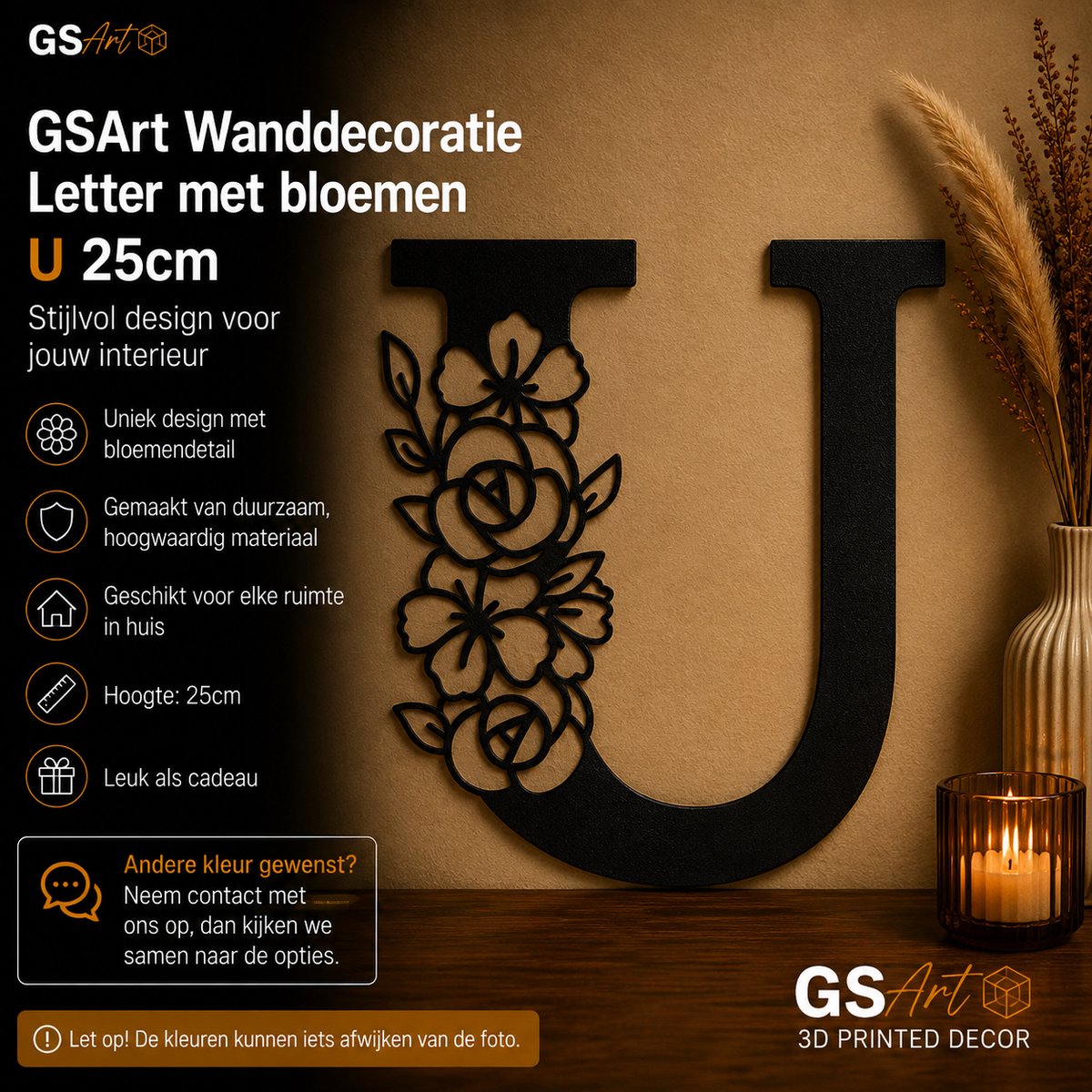 GSArt Wanddecoratie Letter met Bloemen – 25 cm - U