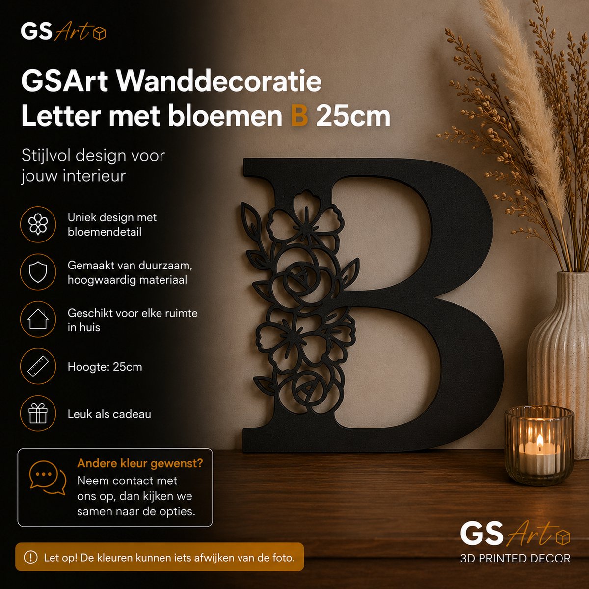 GSArt Wanddecoratie Letter met Bloemen – 25 cm - B
