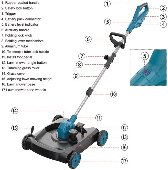 Joorly Elektrische Grasmaaier - Grastrimmer - Grastrimmer accu - Grasmaaier Accu - Grasmaaier Elektrisch - 30,5 maai breedte - Groen — afbeelding 5