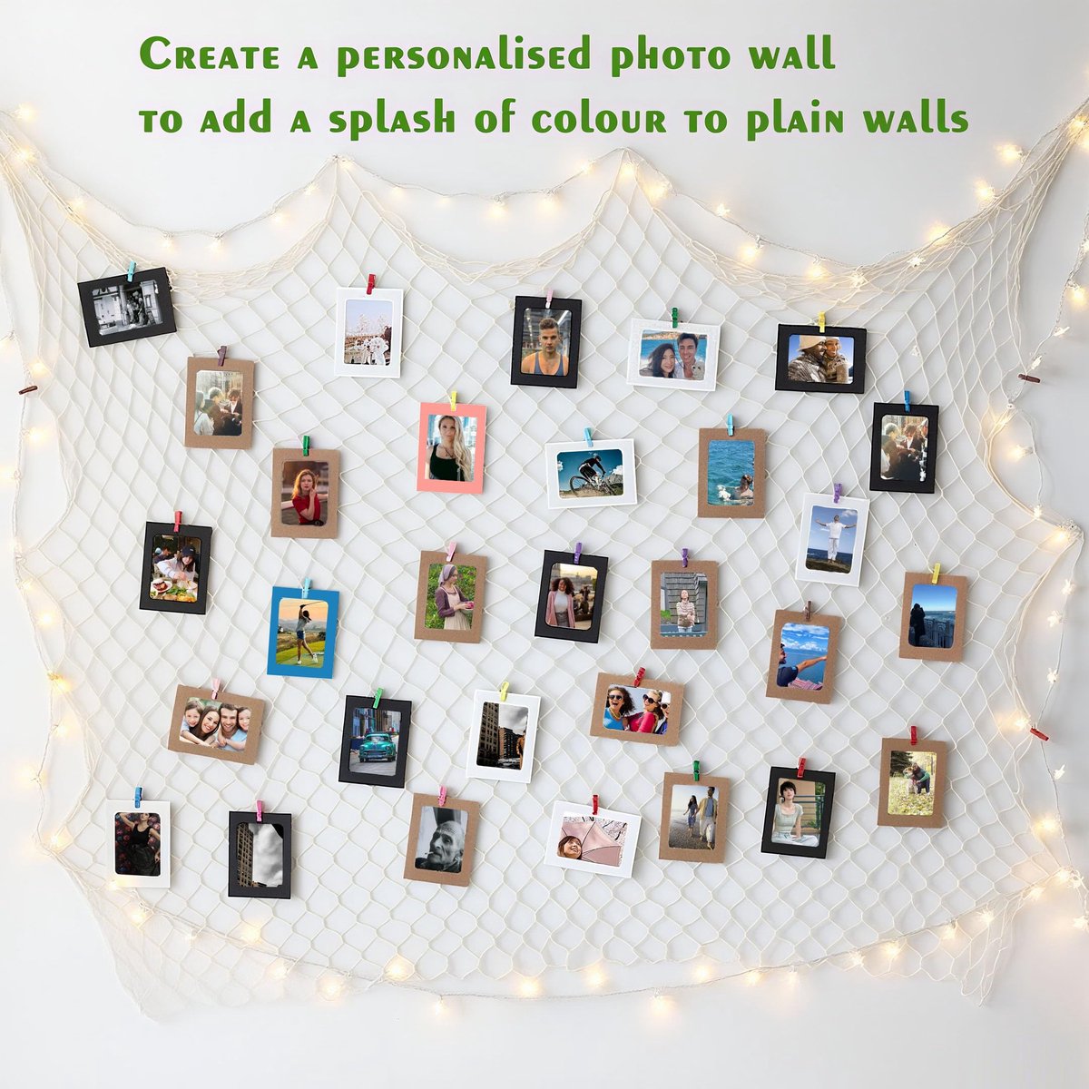 Hexizexi 50 stuks 7.6 cm papieren fotolijsten 9x9.5 cm zwart fotolint met 50 houten klemmen en 5 rollen henneptouw - ShopVlot