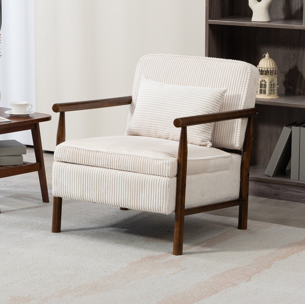 Wishdor Fauteuil met lendenkussen - Houten armleuningen en zachte velvet zitting - Klassiek ontwerp - Wit - 80 x 80 x 71,9 cm