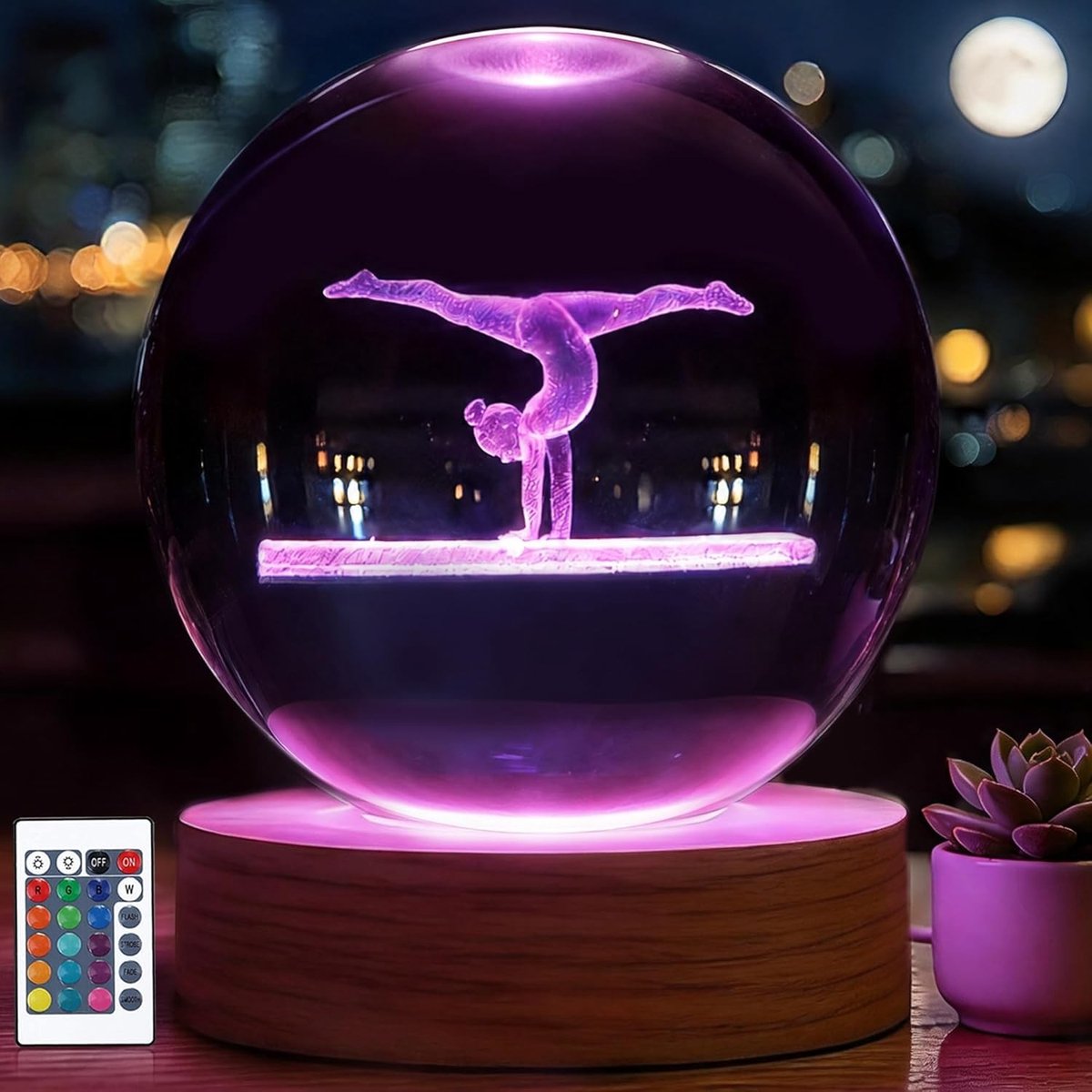 Gymnastiek Nachtlampje met Kristallen Bal, 80 mm, 16 Kleuren, Perfect als Cadeau voor Meisjes, Verjaardag, Kerst, en Kamerversiering
