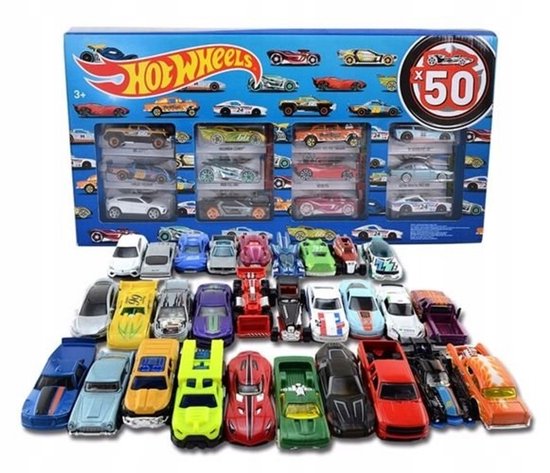Een doos met 50 Hot Wheels auto's, waaronder rode, blauwe en gele sportauto's.