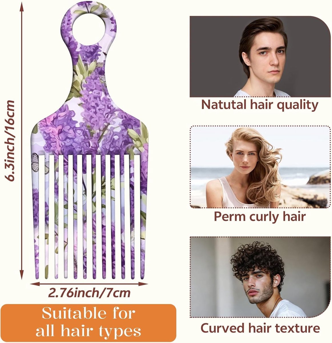 Afro Pick Kam - Paars Lavendel - 16 x 7 cm - Antistatische Stylingkam voor Natuurlijk Krullend Haar - Voor Dames en Heren