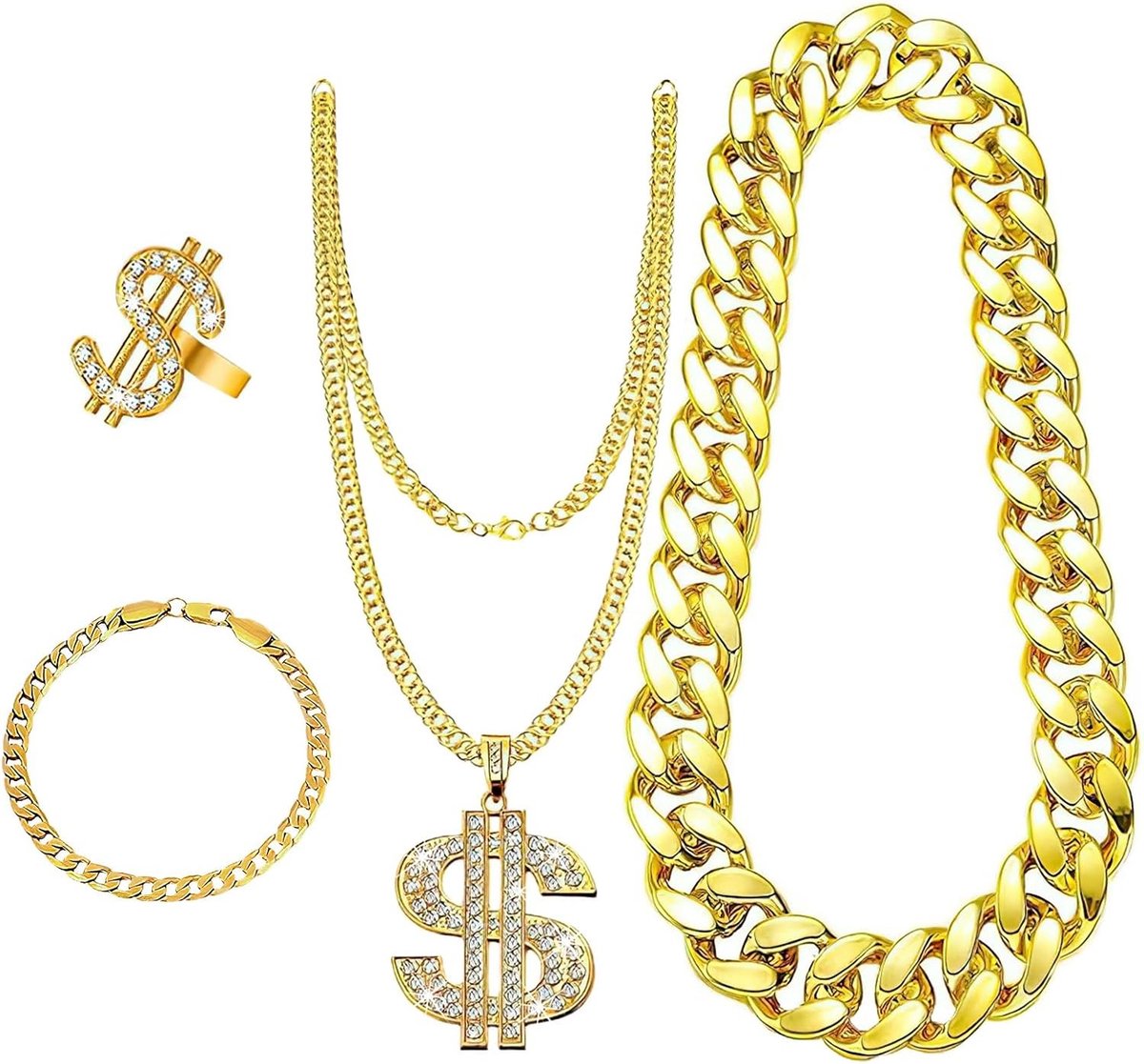 Kostuumketting en armband in dollarstijl voor rappers en hiphopliefhebbers, retro 80s/90s look