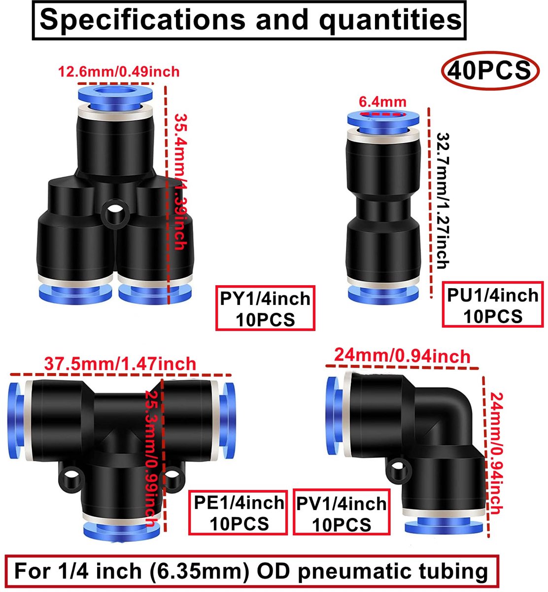 HAXIHA 40 stuks 1/4"Air Push snelbevestigingen, pneumatische connectoren, splitter/hoek/T-stukken/rechte armaturen kit - ShopVlot