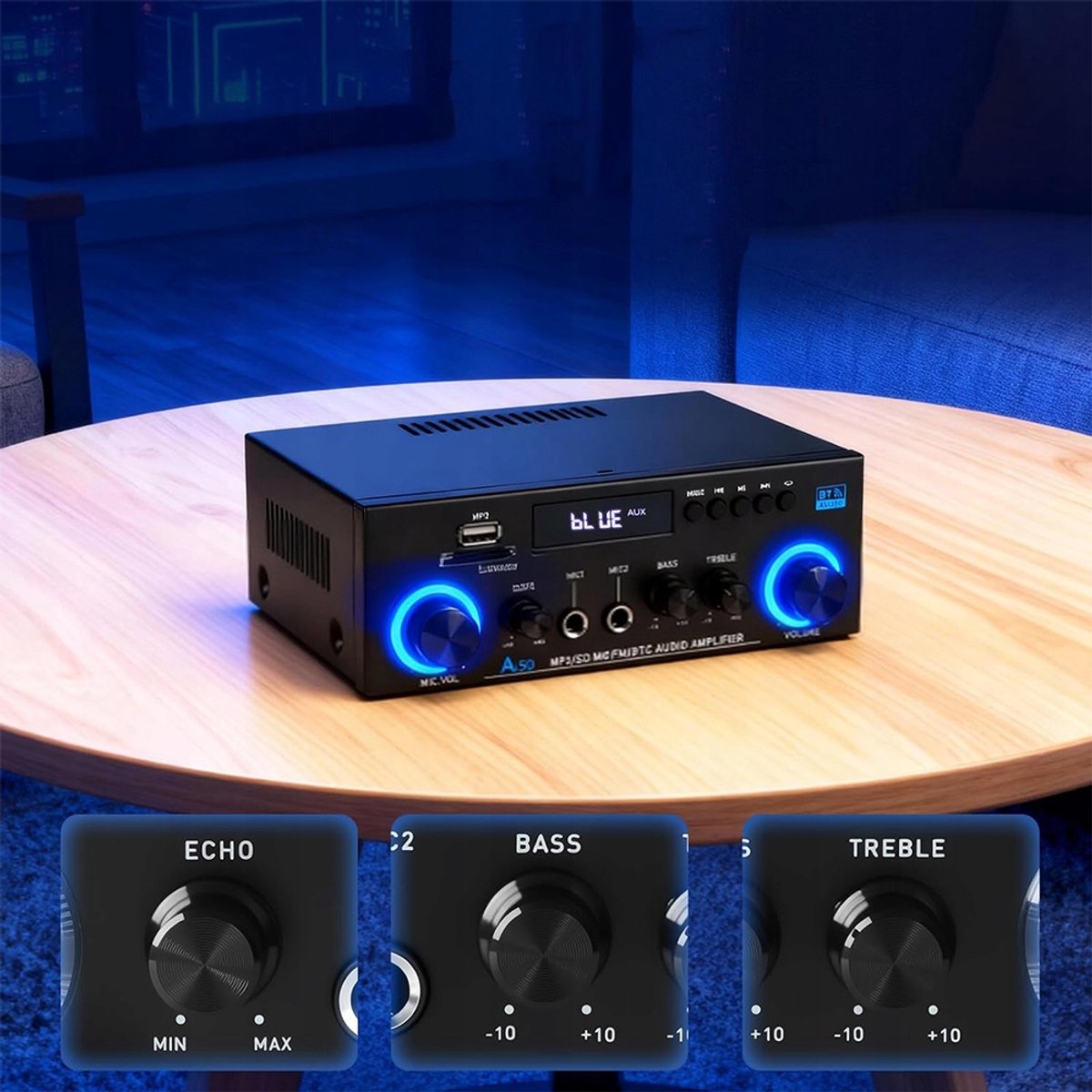 Bluetooth Versterker - HiFi Stereo Versterker - Mini Audioversterker - 2.0 Kanaals - 50W+50W - USB/SD - FM Radio - Microfooningang - Afstandsbediening - Bas & Treble Instelbaar - Voor Karaoke & Home Cinema thumbnail 5