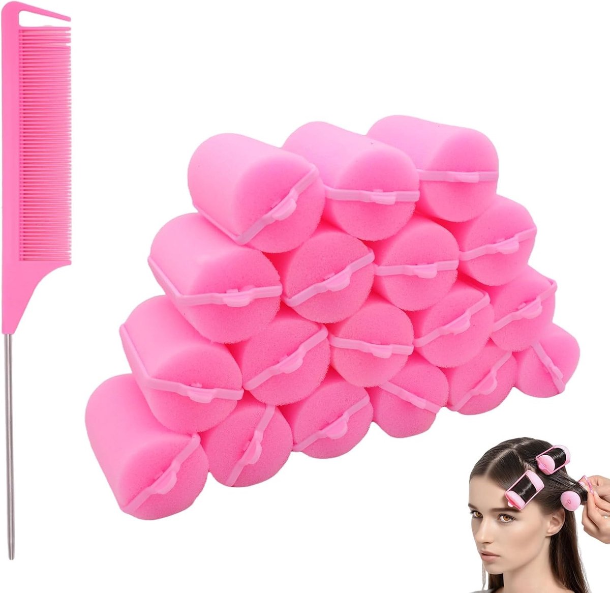 18-delige schuimrollers voor flexibele haarstyling, inclusief ratstaartkam, ideaal voor golven, krullen en volume, perfect voor alle haartypes