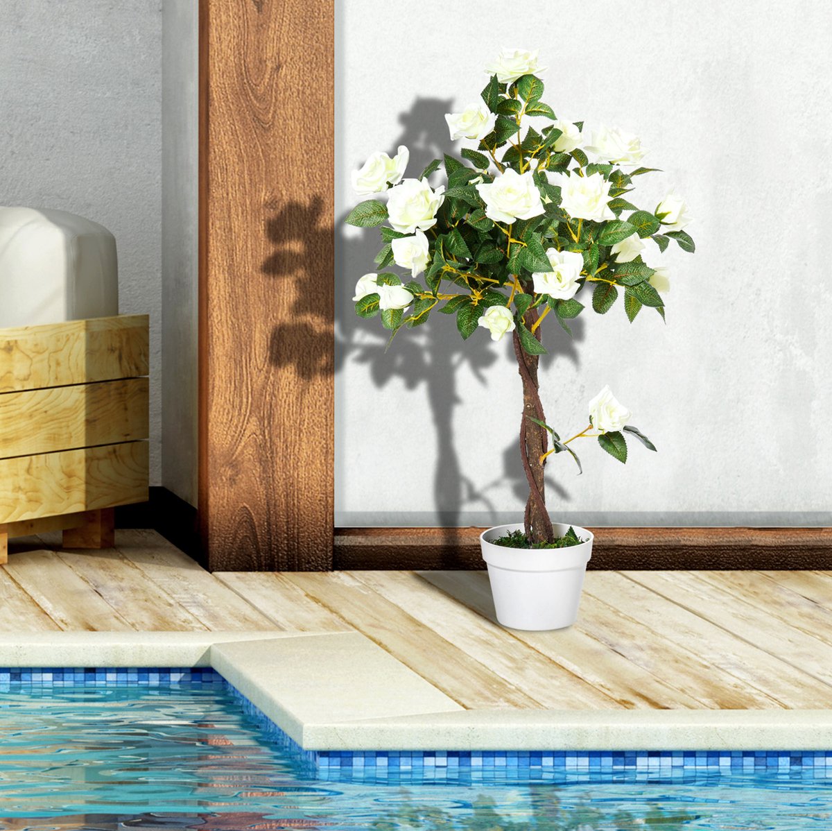 REDOM - Kunstmatige rozenplant - Met overpot - Plastic - Voor woonkamer en kantoor - Wit - Ø18 x 90 cm