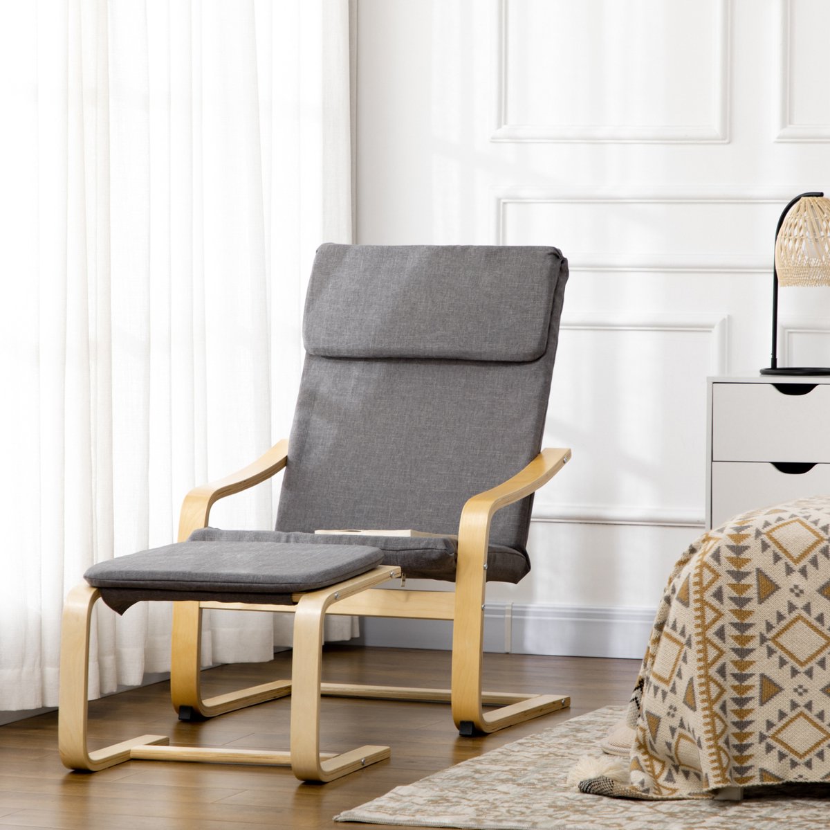 REDOM - Relaxfauteuil set met voetenbank - Houten frame in C-vorm - Los of samen te gebruiken - Armleuningen en hoofdsteun - Woonkamer en slaapkamer - Stof - Grijs - 66,5 x 80 x 99 cm