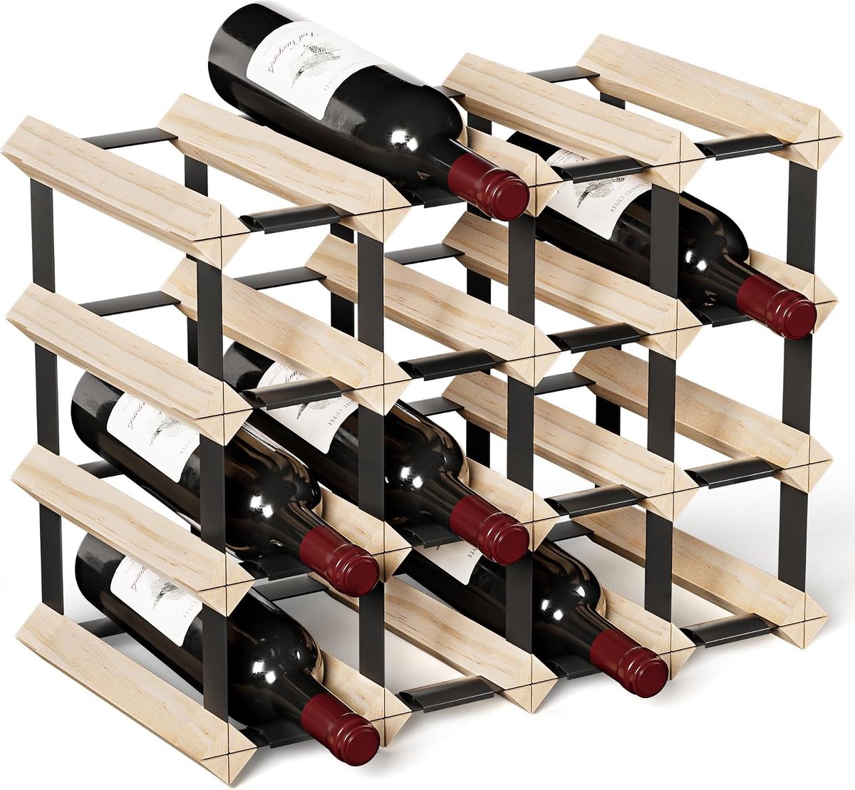 Wijnrek - Bruin - WOD-16P - Houten en Metalen Wijnorganisator - Voor Thuisgebruik