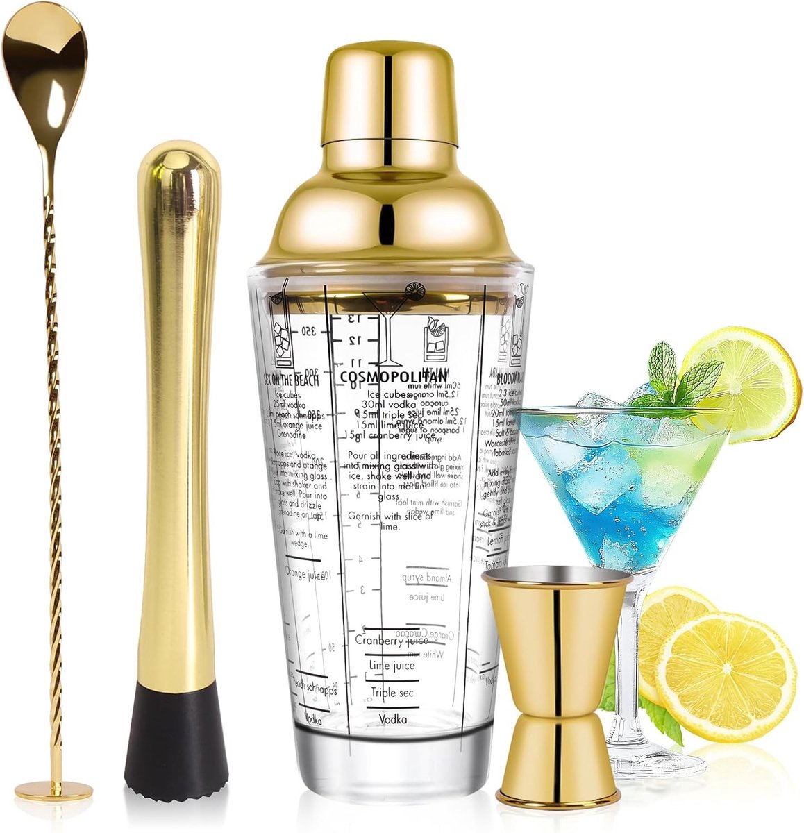 Cocktailshaker Set - Goud - 400 ml - Glazen Barmanset met Ingebouwde Zeef - Voor Beginners