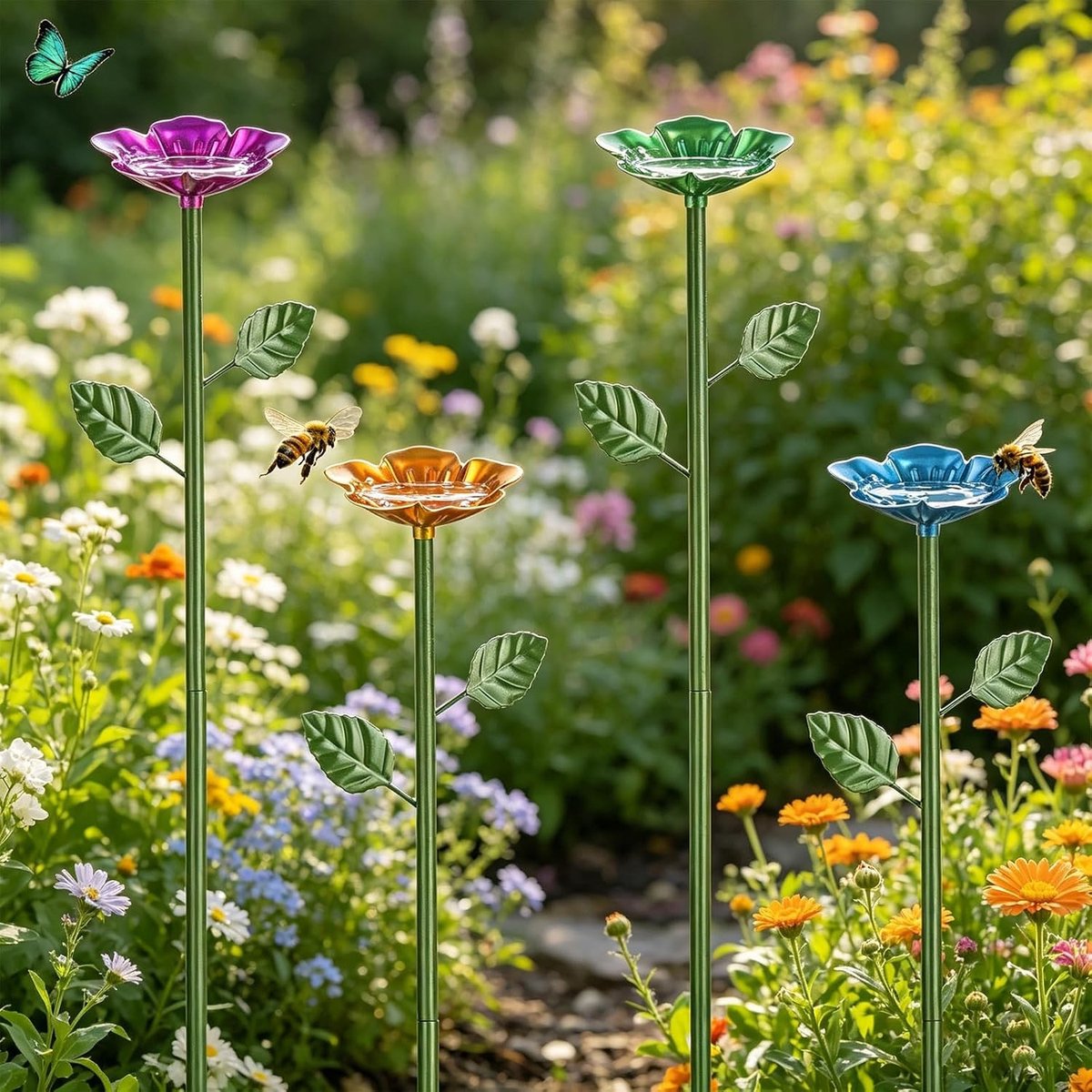 Set van 4 Bijen Drinkbekers voor de Tuin, Watergeefsystemen voor Bijen, Vintage Vogelbad en Winterbestendig Tuinaccessoire in Rood, Geel, Blauw en Groen