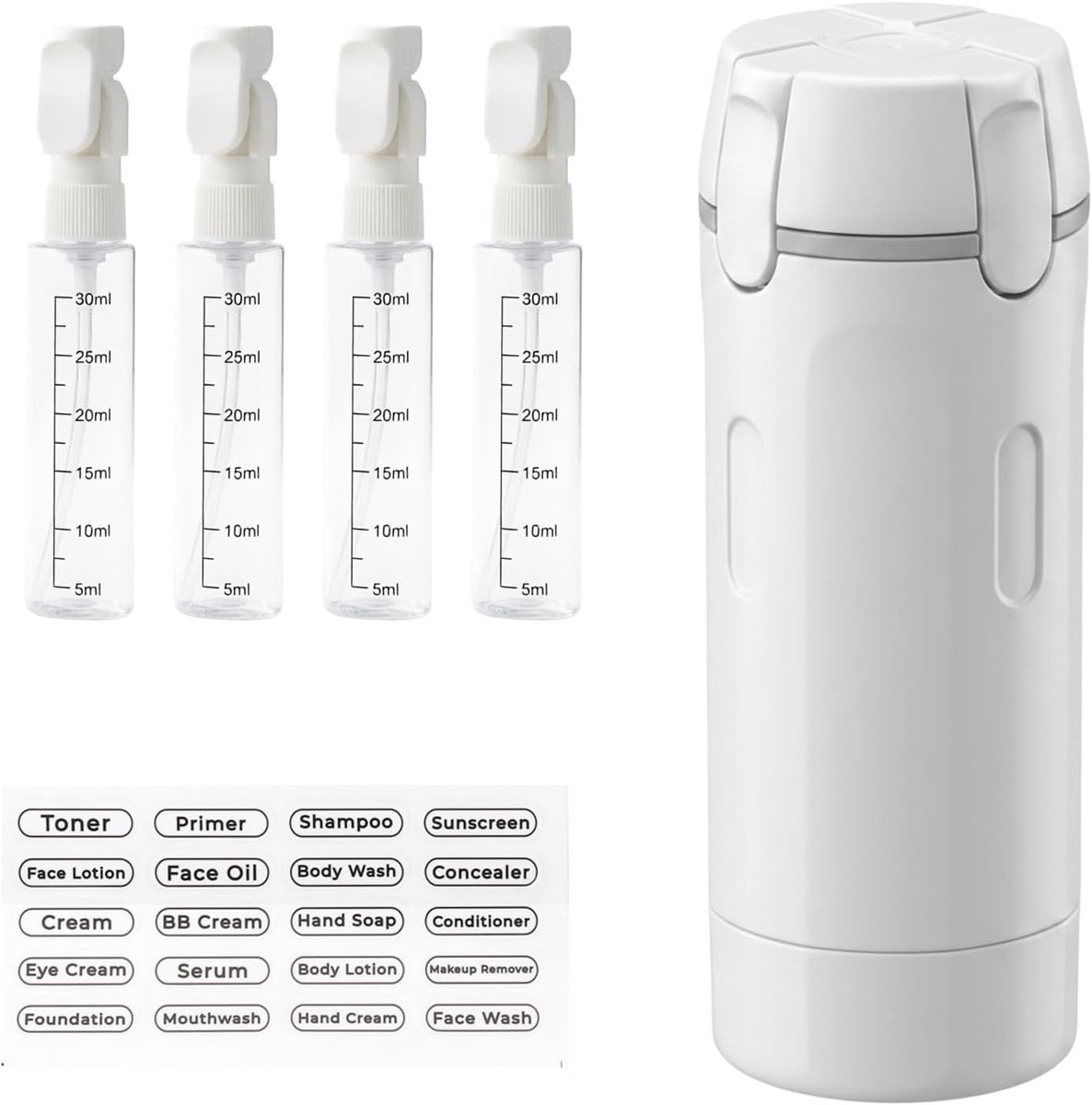 Reisdispenser Set 4-in-1, Silicone Toilettas, Oplaadbare en Lekvrije Flessen voor Shampoo en Lotion, 120ml met Labels