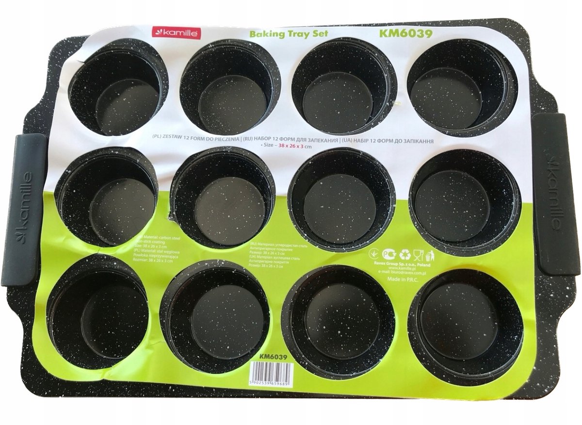 Muffinbakvorm voor 12 cupcakes, antiaanbaklaag, 38x26 cm, zwart