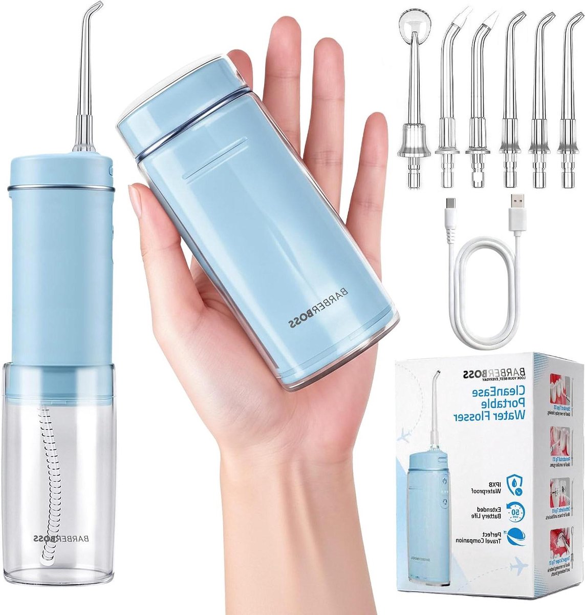 Waterflosser Draadloos - Monddouche Reis - Mondhygiëne Verbeteren - Zes Mondstukken Inclusief - 180ML Tank - Blauw