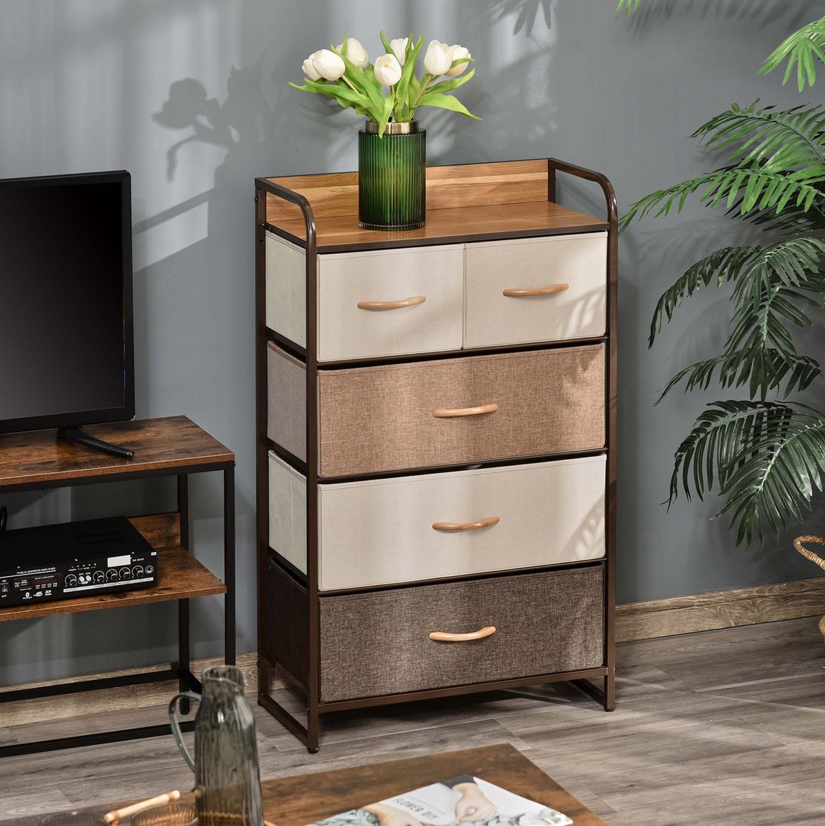 REDOM - Ladekast - 5 opvouwbare stoffen lades - Stalen frame met MDF-top - Veilig met kantelbeveiliging - Voor woonkamer en slaapkamer - Stof - Multicolor - 58 x 29 x 99 cm