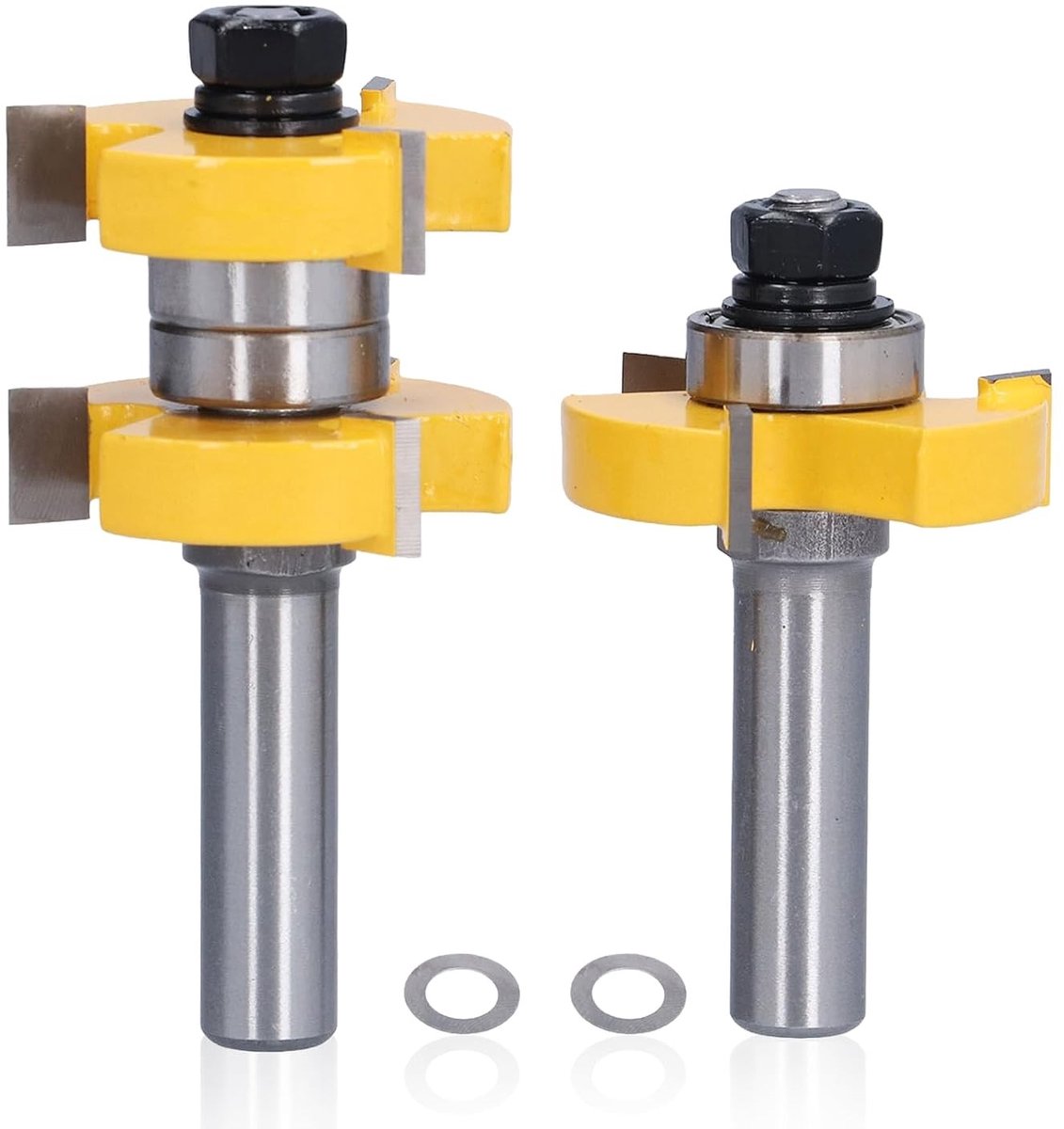 Set van 2 tonggroeffrezen voor houtbewerking, carbon staal met legering bit, 1/2 inch schacht, T-vormige freeskop met 3 tanden en 2 lagers voor precisie en duurzaamheid