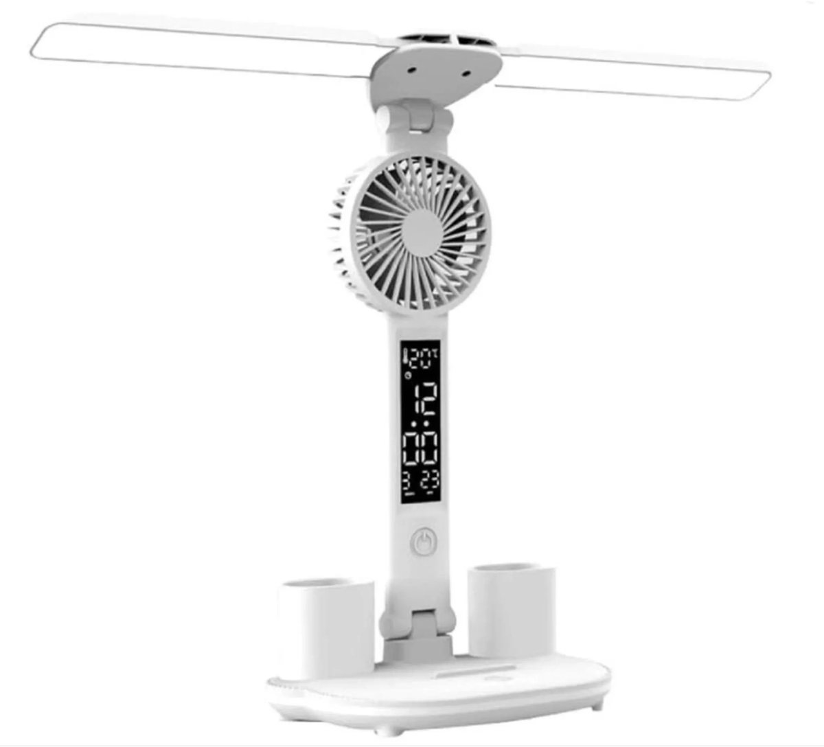 casalora® - Bureaulamp led dimbaar - Leeslampje voor boek - Bedlamp - LEDtafellamp met klok en ventilator - Bureaulamp 4-in-1 met dubbele zwenkarm3200mAh