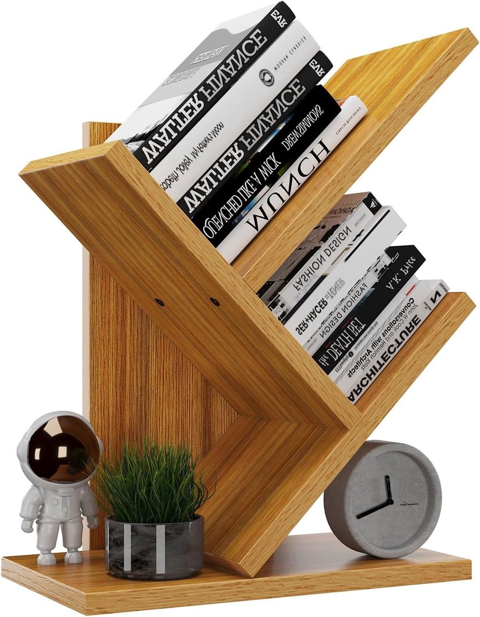 Moderne houten boekenplank met 2 lagen, desk organizer voor boeken, films en cd's, smalle display kast voor slaapkamer en thuiskantoor