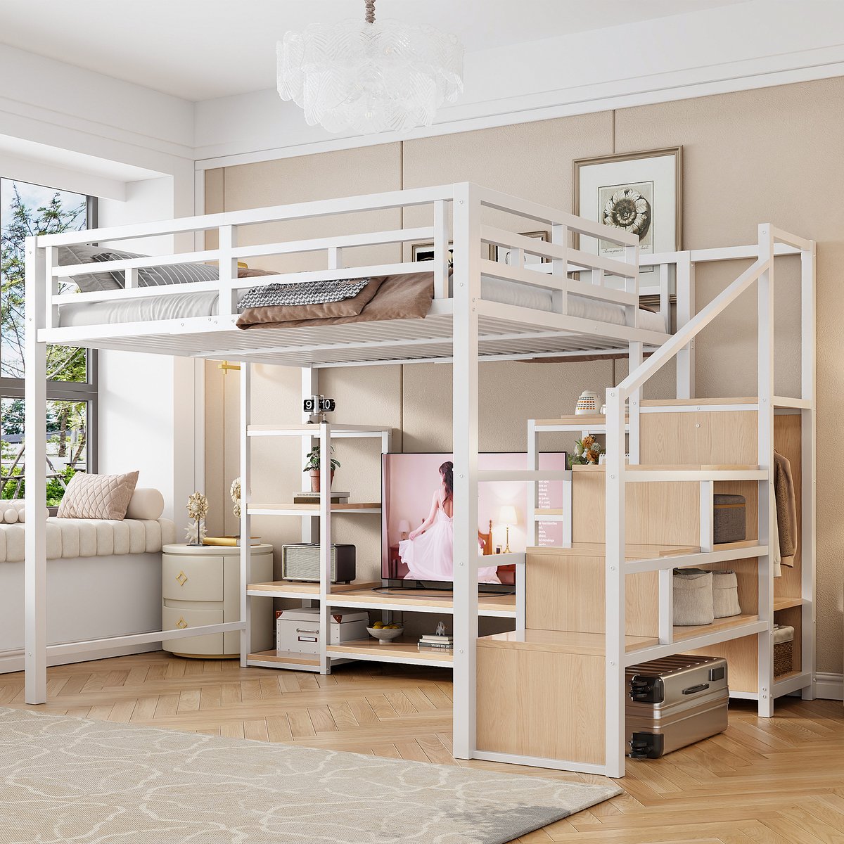 Stapelbed 140x200 cm - Met Ladder - Met Opbergruimte - Met Stopcontact - Wit