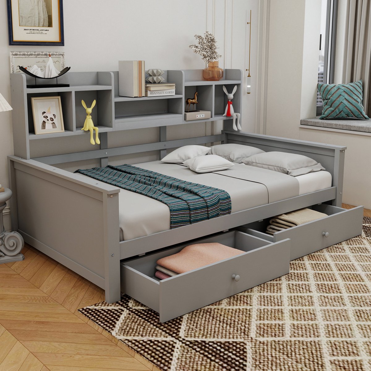 Slaapbank 90x200 cm - Met Opbergruimte - Met Lades - Grijs