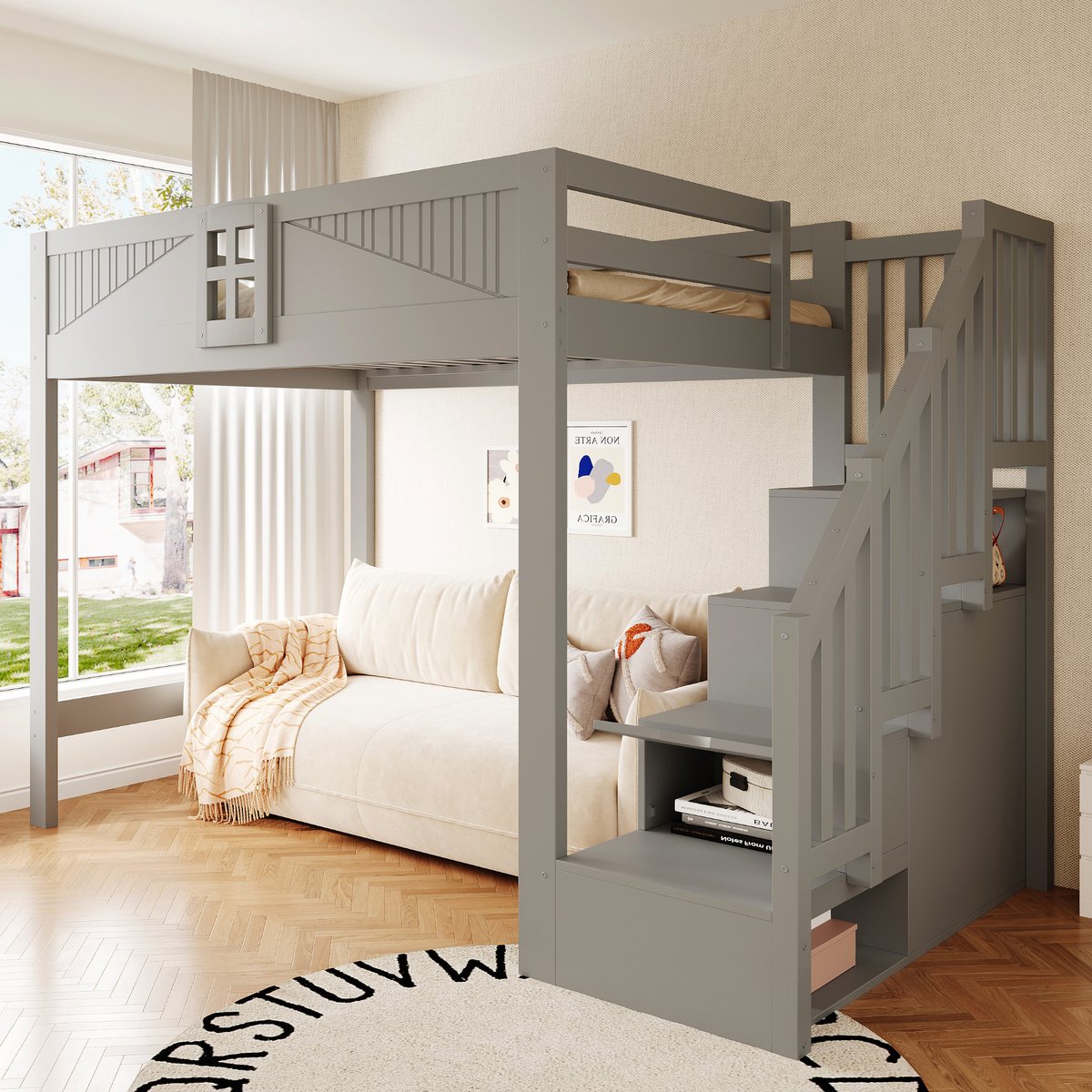 Houten Hoogslaper 140x200 cm - Met Ladder - Met Valbeveiliging - Met Opbergruimte - Grijs