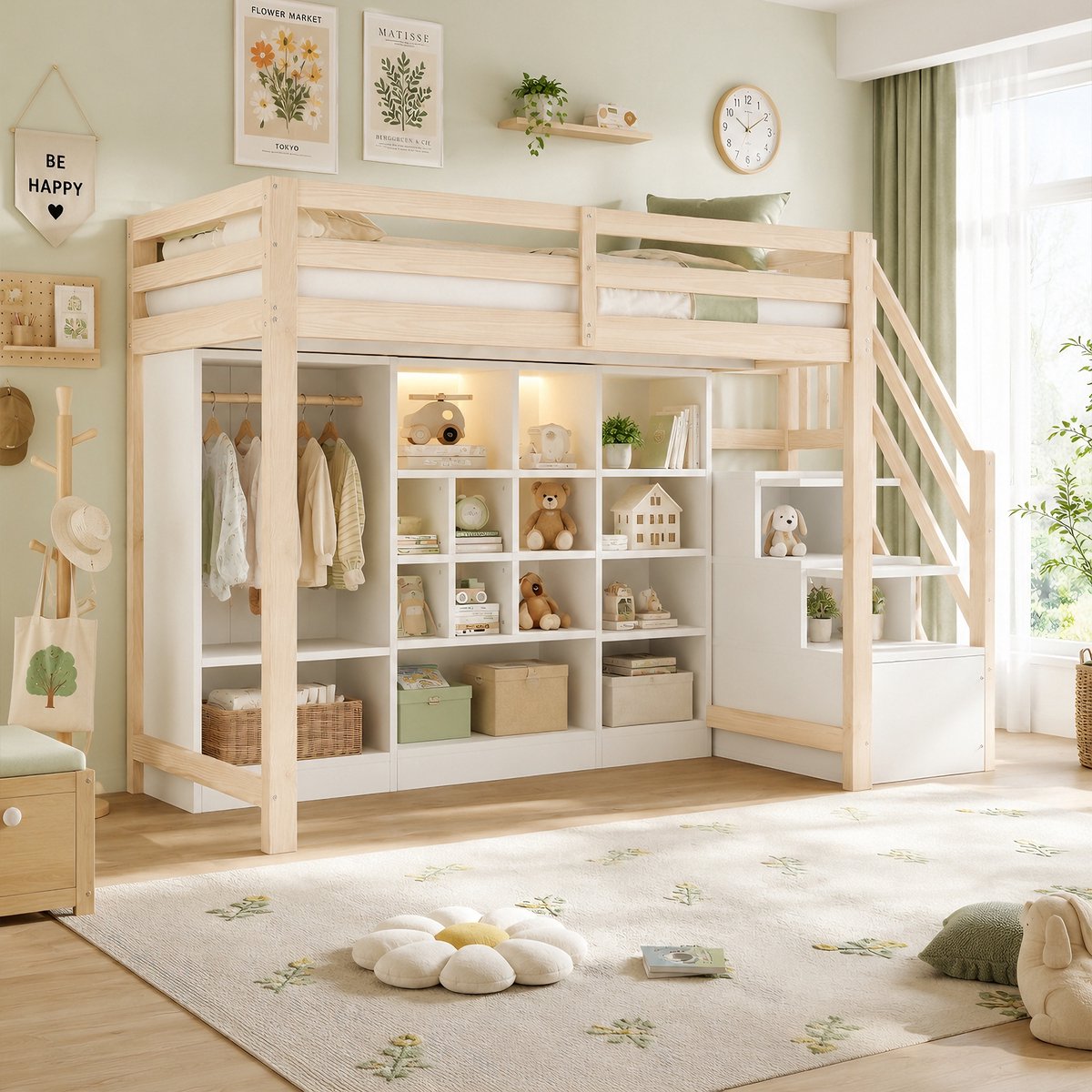 Houten Hoogslaper 90x200 cm - Met Ladder - Met Opbergruimte - Met LED-verlichting - Naturel Wit