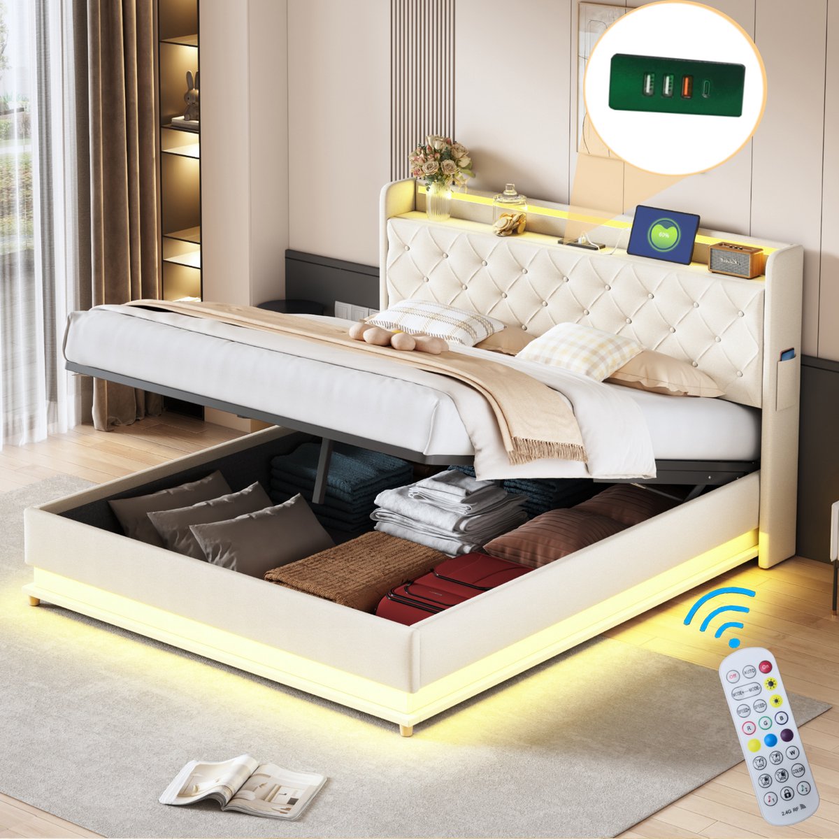 Gepolsterd Bed 160x200 cm - Met LED-verlichting - Met USB-aansluiting - Beige