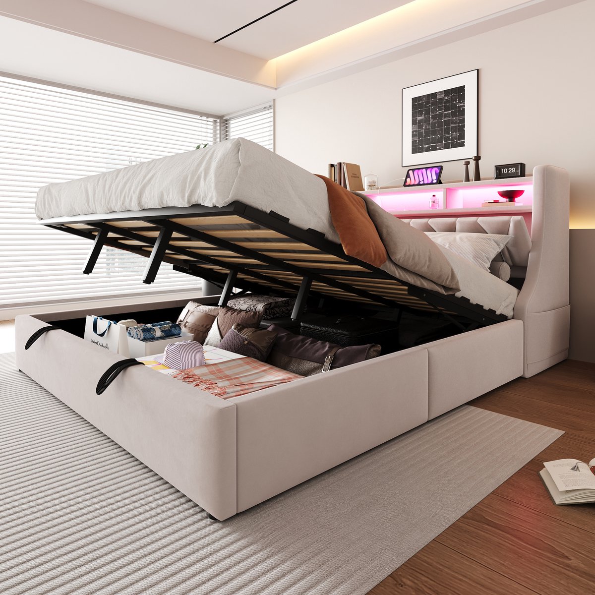 Gepolsterd Bed 180x200 cm - Met Opbergruimte - Met LED-verlichting - Met Stopcontact - Beige