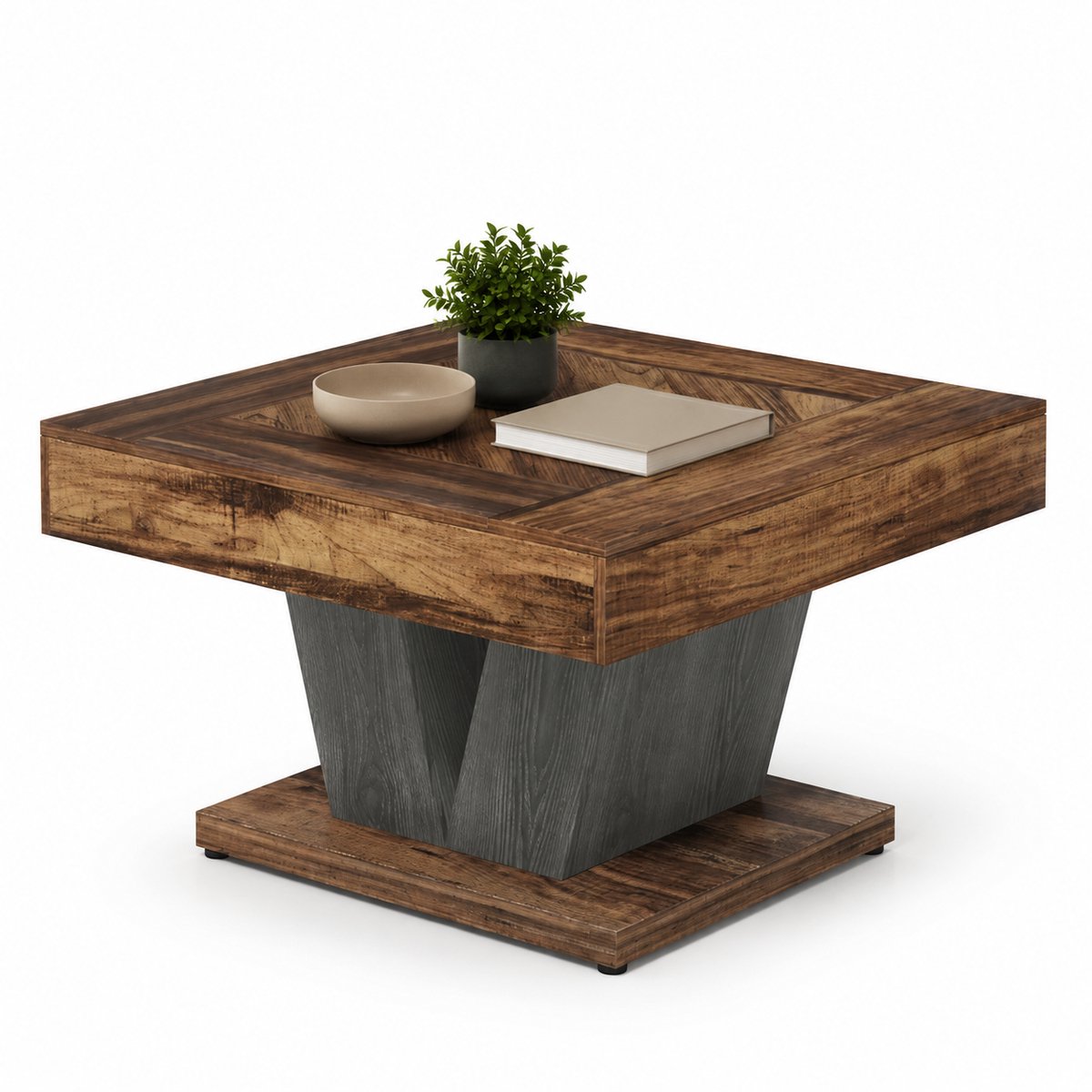 DMG Supply Vierkante Salontafel - Geometrische Middenvoet - 80 x 80 x 51 cm - Bruin en Grijs - Houtlook