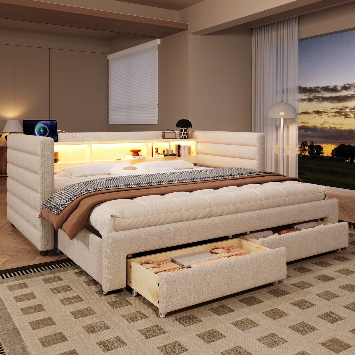 Uitschuifbare slaapsofa - Multifunctioneel dagbed met LED-sfeerverlichting en USB - 90/180x190 cm - 2 personen - Beige fluweel - 2 schuifladen en opbergvakken - USB-C en USB-A