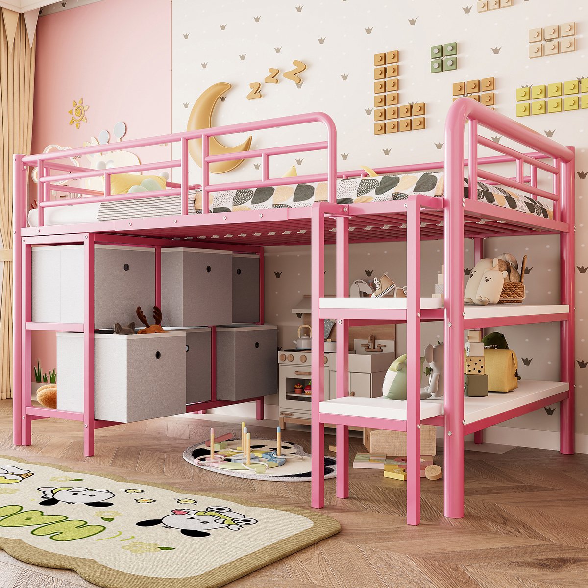 Kinder hoogslaper met brede trap en opberglades - 90x200 cm eenpersoons - Roze - Stabiel metalen frame met MDF - Lades en open planken - Afgeronde hoeken voor extra veiligheid