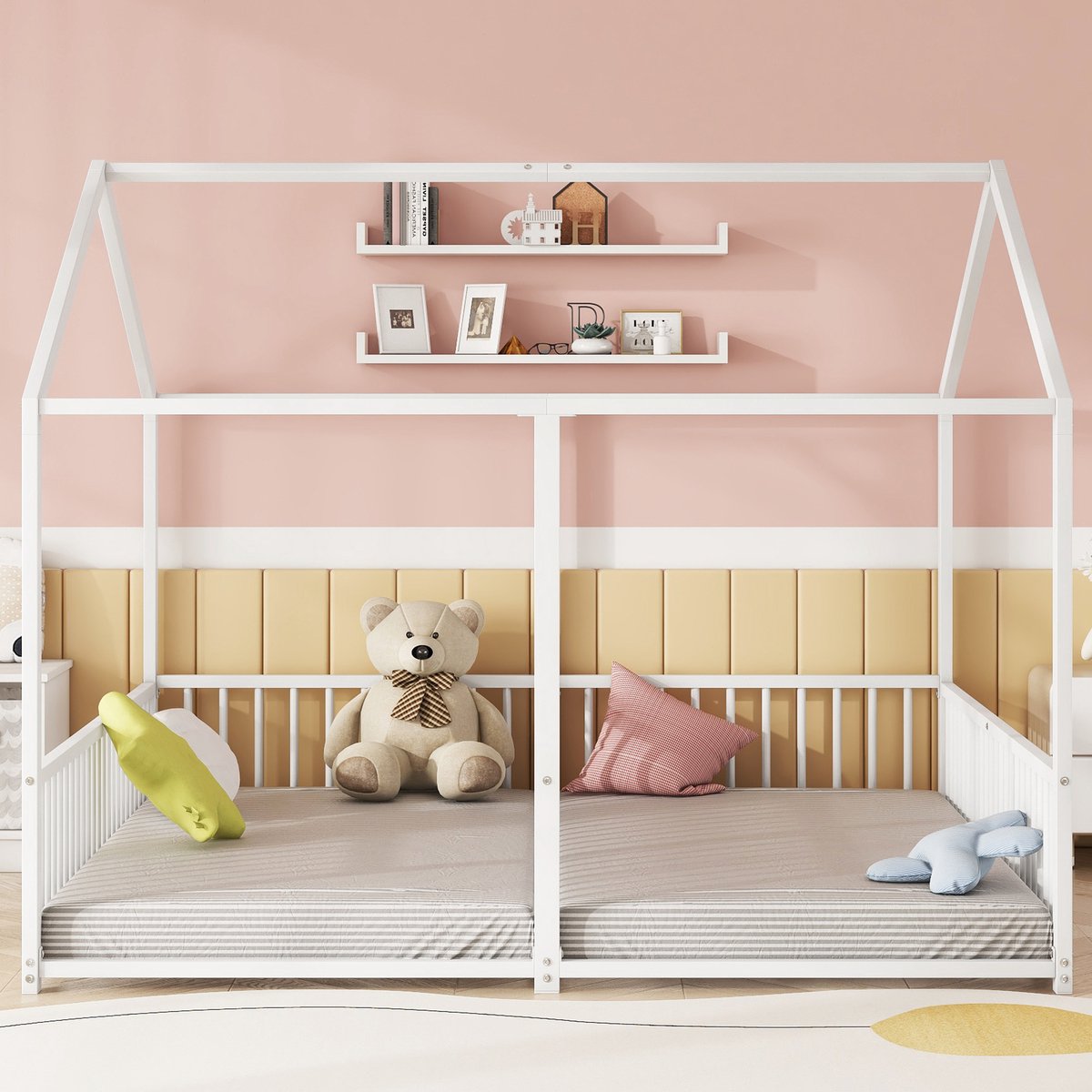 Metalen stapelbed in huisvorm - Geschikt voor 2 kinderen - 90x200 cm - Wit - Met ladder en veiligheidshek - Robuust ijzeren frame - Belastbaar tot 120 kg per bed - Eenvoudige montage