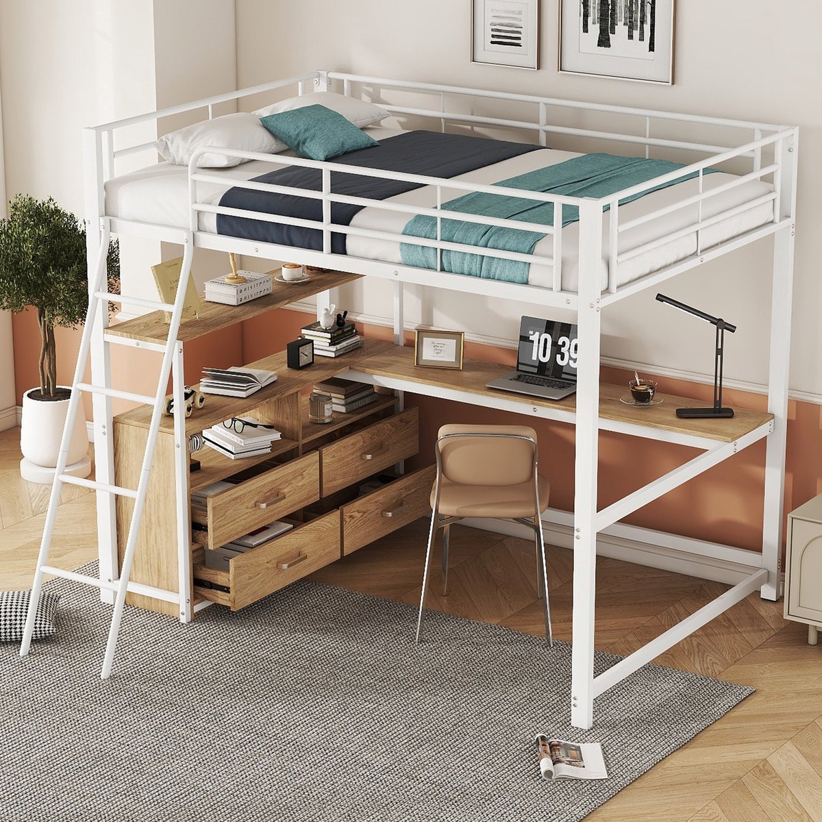 Hoogbed met bureau - L-vormig werkblad en opbergruimte - 140x200 cm - Wit - Metalen frame met praktische laden - Duurzaam laminaatdesign