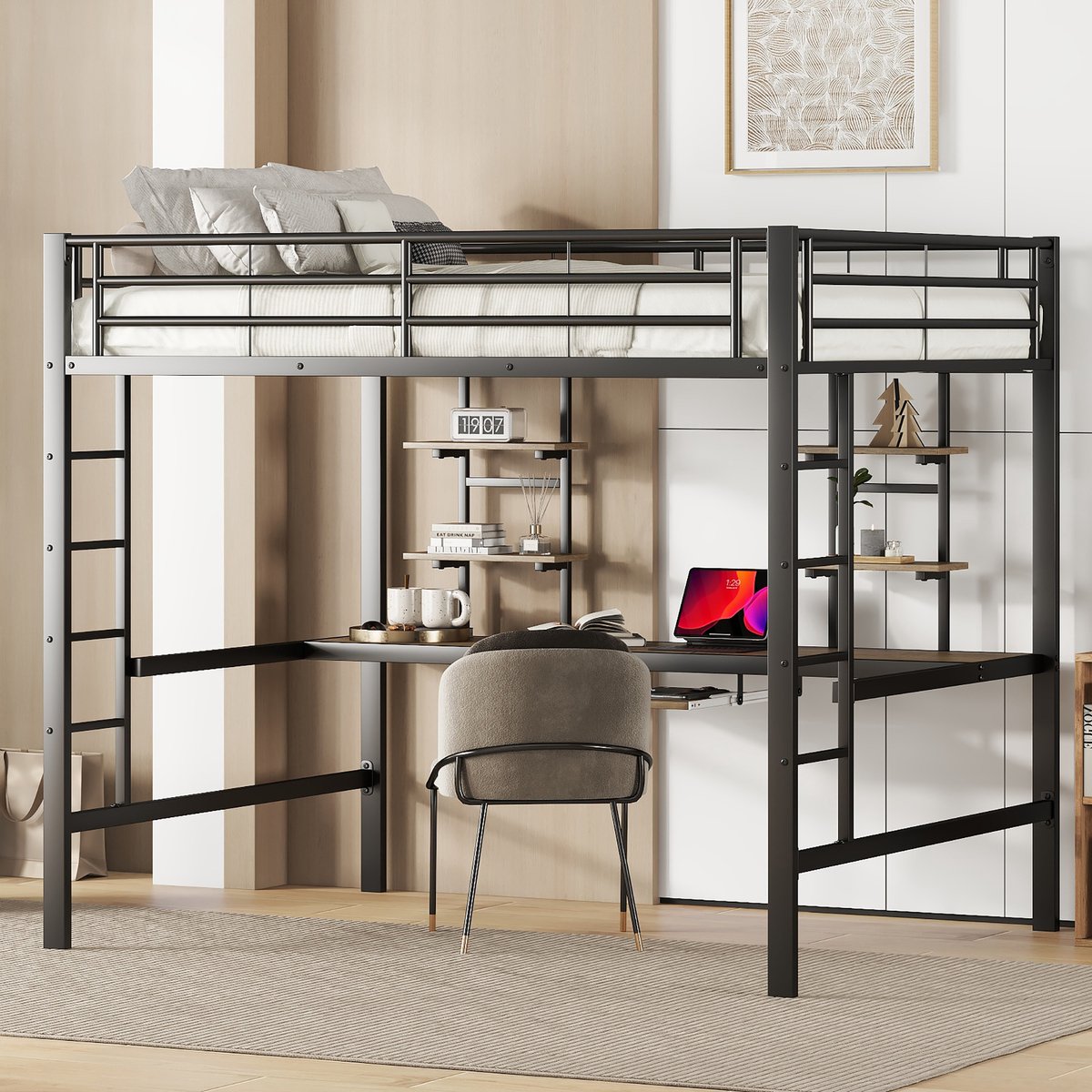Hoogslaper met bureau en 2 boekenplanken - 140x200 cm tweepersoons - Zwart - Stabiel metalen frame - Veiligheidshek en vaste ladder - EN747 gecertificeerd - Geschikt voor kinderen, tieners en volwassenen