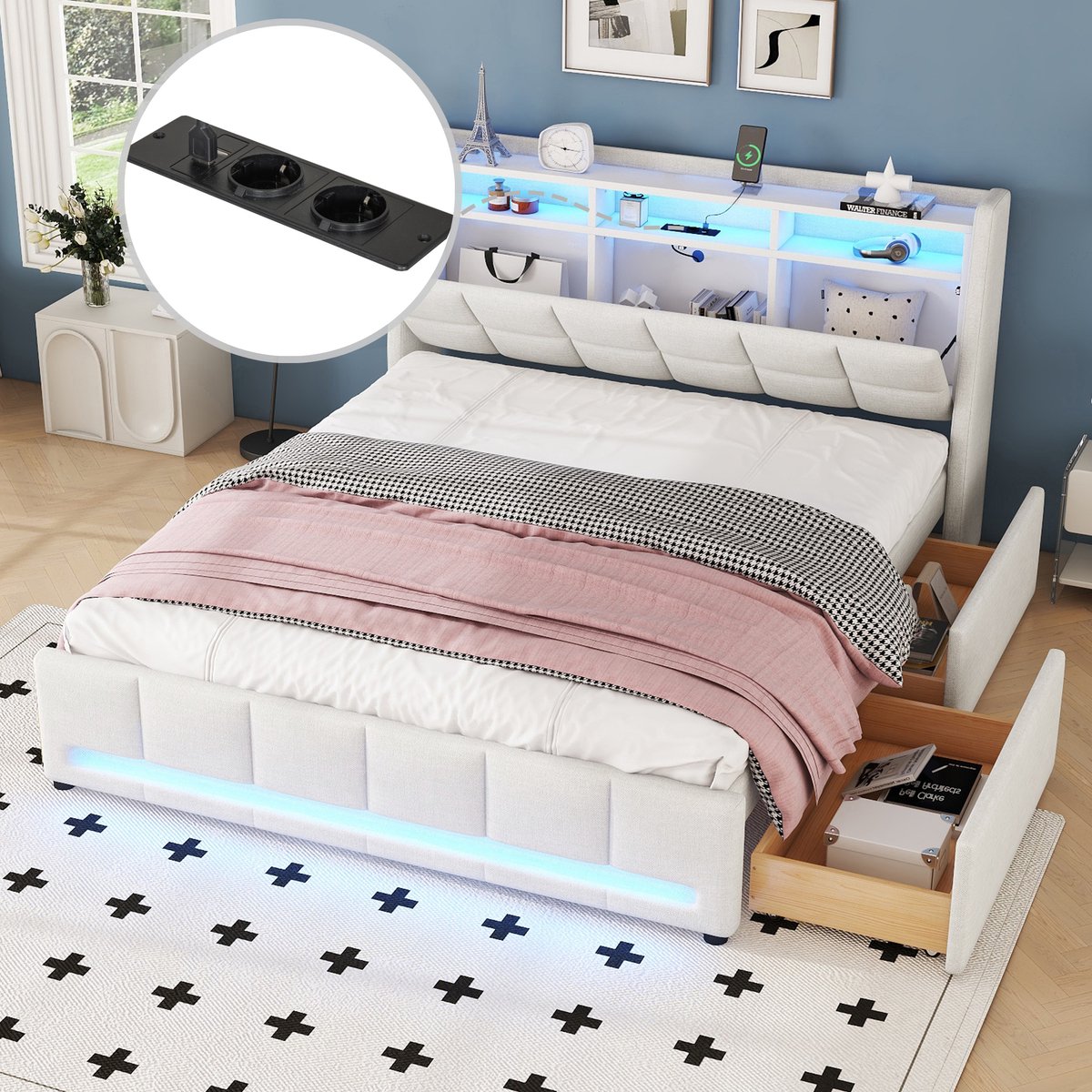 Gestoffeerd opbergbed met LED en USB - 140x200 cm - 2 personen - Beige linnen - App-sfeerverlichting - 2 lades met stopcontact - Opbergvak hoofdeinde