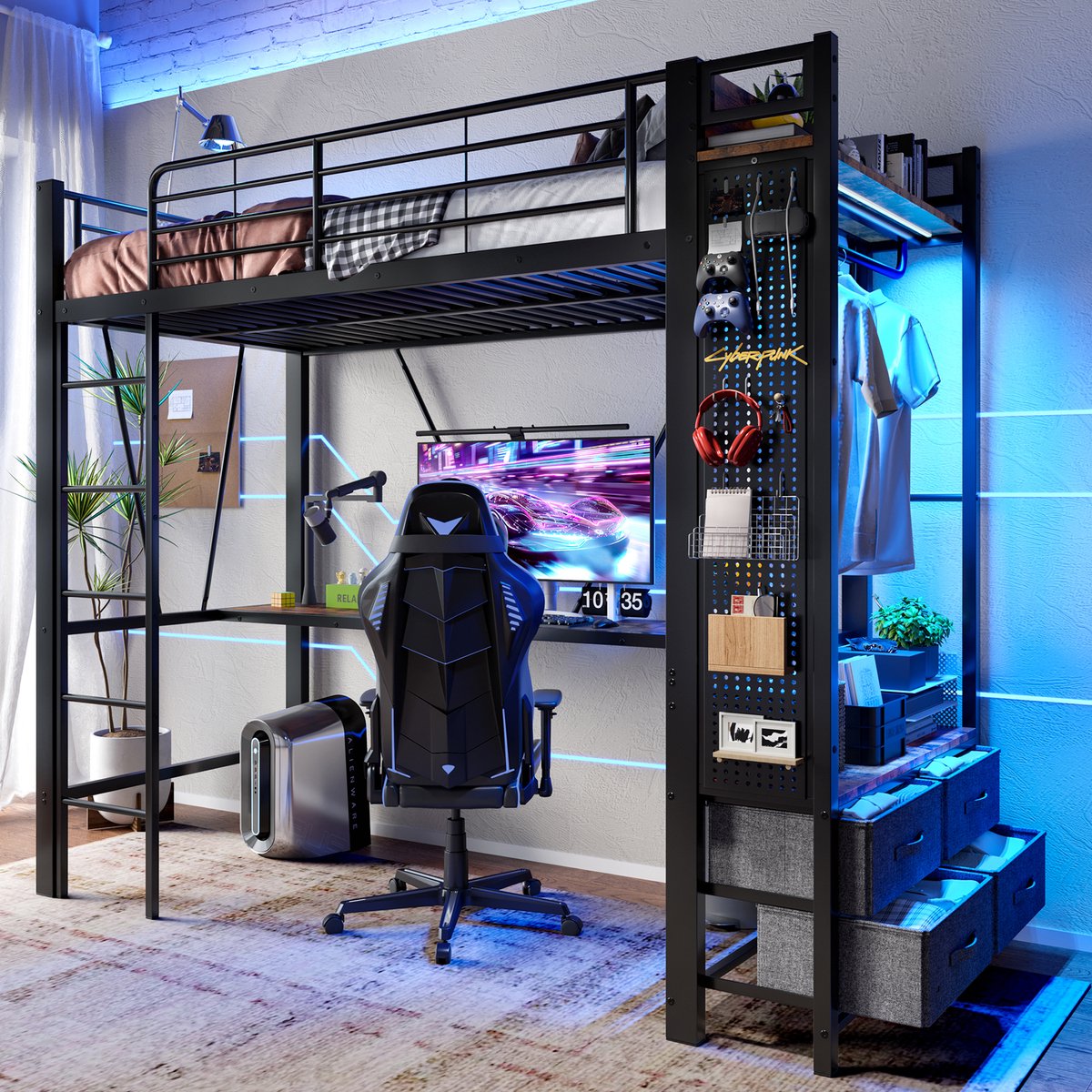 Metalen hoogslaper met bureau en opbergruimte - 90x200 cm - Zwart - Met droogstang, 4 laden en perforatiebord - LED-verlichting en USB/Type-C - Inclusief ladder en veiligheidsrek