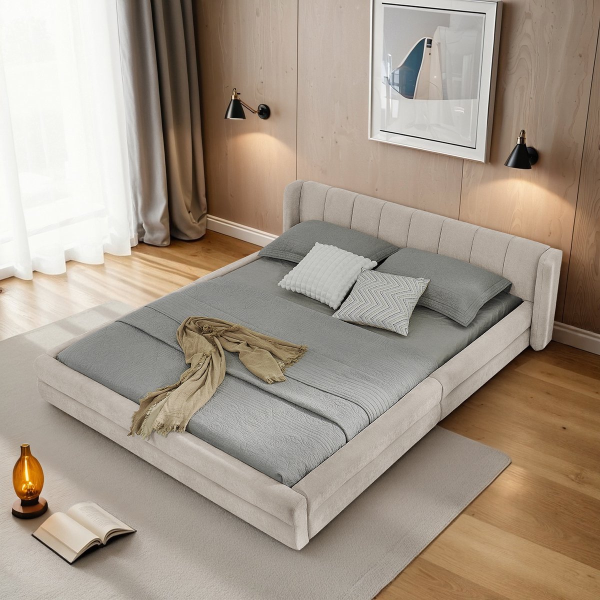 Tweepersoonsbed 160x200 cm - met comfortabele rugleuning - beige - chenille stof - stevig eucalyptus- en ijzeren frame - eenvoudige montage