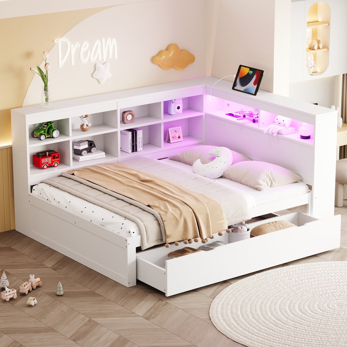 Houten slaapbank 140x200 cm - Multifunctioneel met extra grote opberglades en USB-stopcontact - Wit - Inclusief LED-lichtstrip en opbergvakken aan hoofdeinde - Geschikt voor compacte woonruimtes