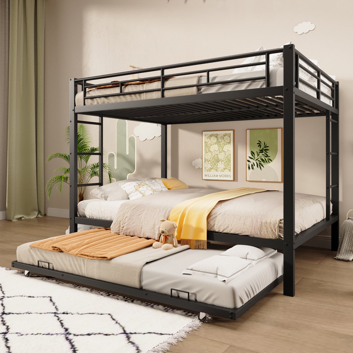Metalen stapelbed met uitschuifbed - ruimtebesparend voor kinderkamer - 140x200 cm en 90x190 cm - zwart - hoge valbeveiliging en stevig metalen frame - eenvoudige montage