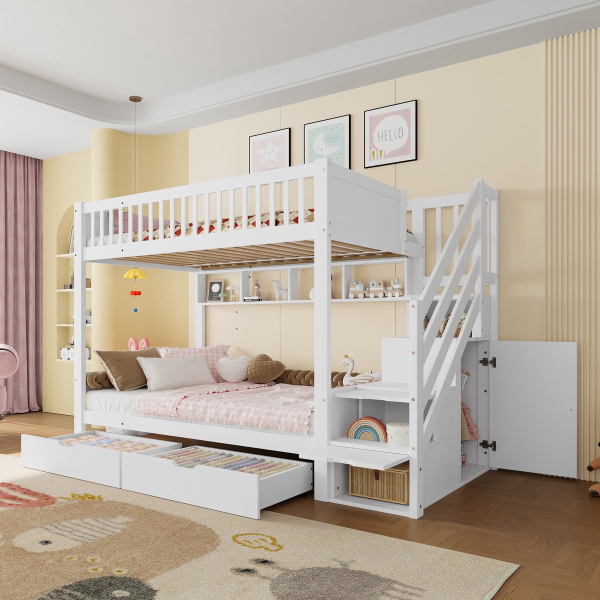Houten stapelbed 90x200 cm - Multifunctioneel met opbergtrap, kleerkast en planken - 2 personen - Wit - Opberglades en opbergvakken - Stevig grenenhouten frame