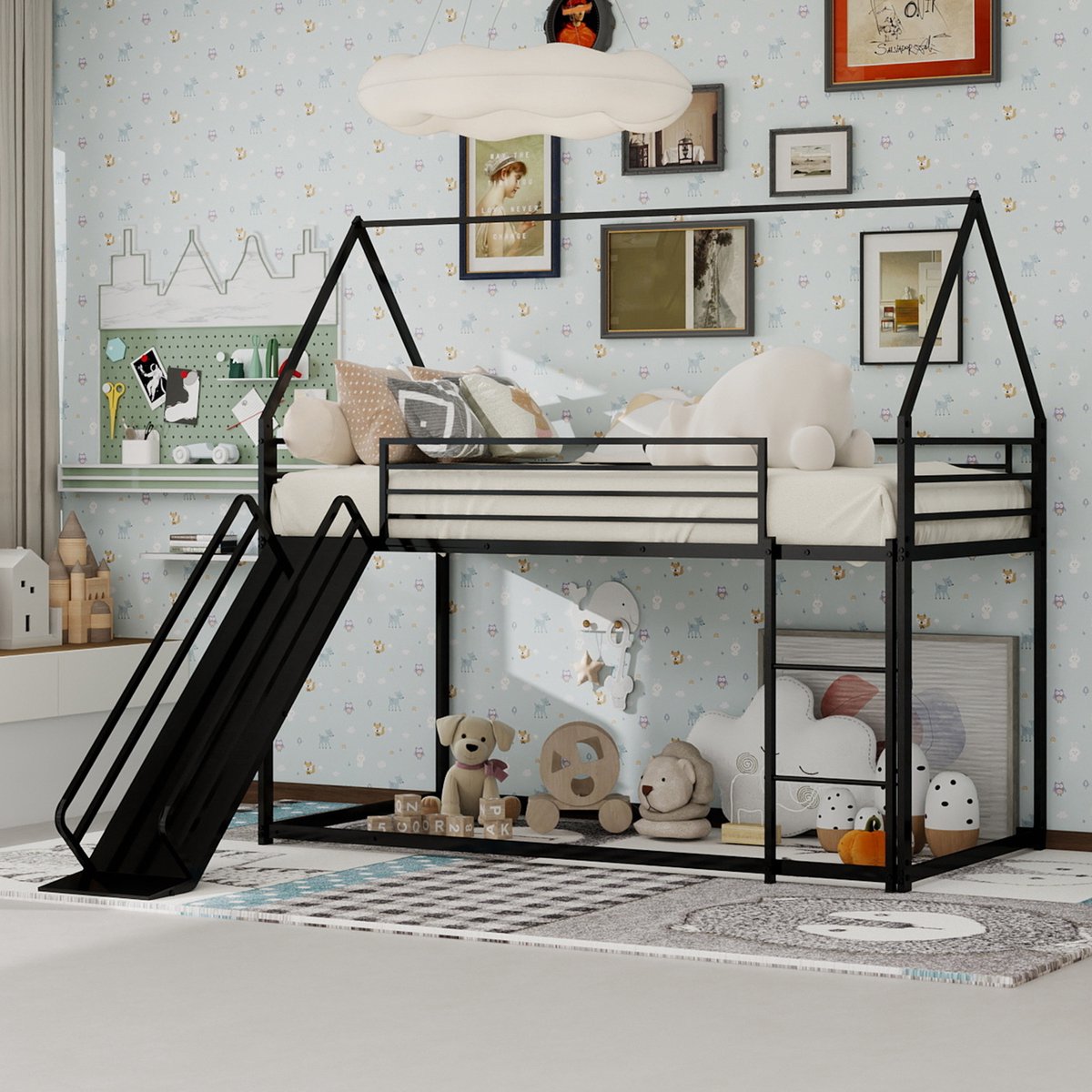 Stapelbed met glijbaan en huisdesign - tweepersoons kinderbed - 90x190 cm - zwart - stevig metalen frame - hoge veiligheidsrekken - eenvoudige montage