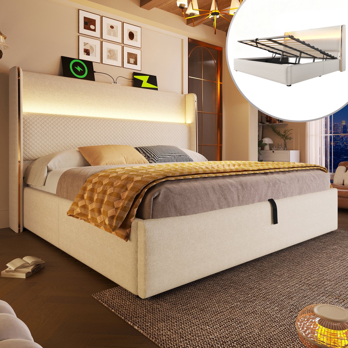 Hydraulisch opbergbed met hoog hoofdbord, LED en USB - 160x200 cm tweepersoons - Beige linnen - Geïntegreerde LED-strip met 60.000 kleuren en timer - USB & Type-C laadstation - Hydraulische opbergruimte