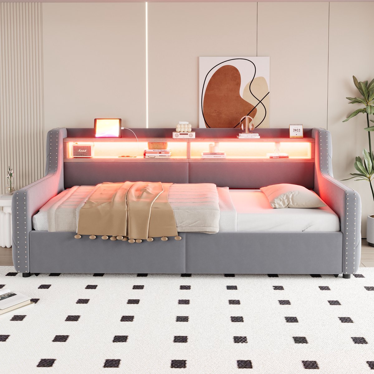 Gestoffeerde slaapbank - met hydraulische opbergruimte en LED - 90x200 cm - Lichtgrijs - Dikke gevoerde rug- en armleuningen - USB/Type-C en stopcontact - Inclusief lattenbodem