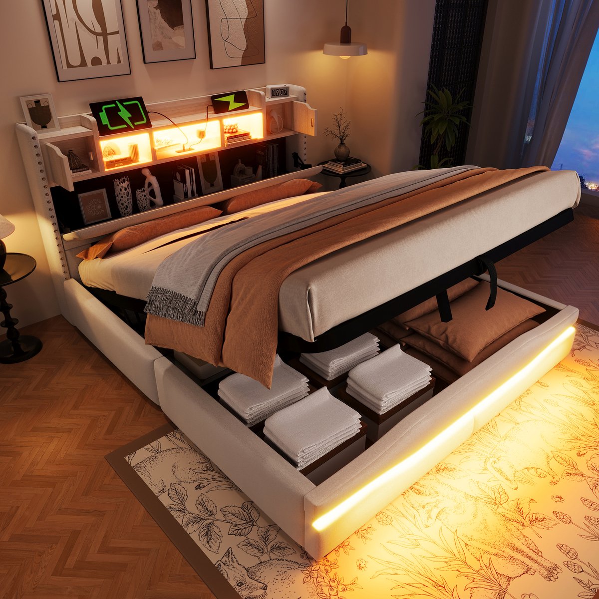 Gestoffeerd opbergbed met LED en USB-C - hydraulisch 160x200 cm tweepersoons - beige - hoofdeinde met opbergvak - app-gestuurde sfeerverlichting