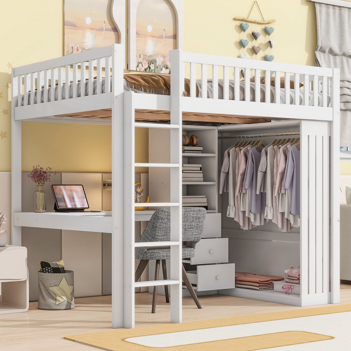 Houten hoogslaper 140x200 cm - Compleet met bureau, kledingkast en 3 lades - Wit - Grenenhout en MDF - Veilige trap en hoog hekwerk - Alles-in-één kinderkamer